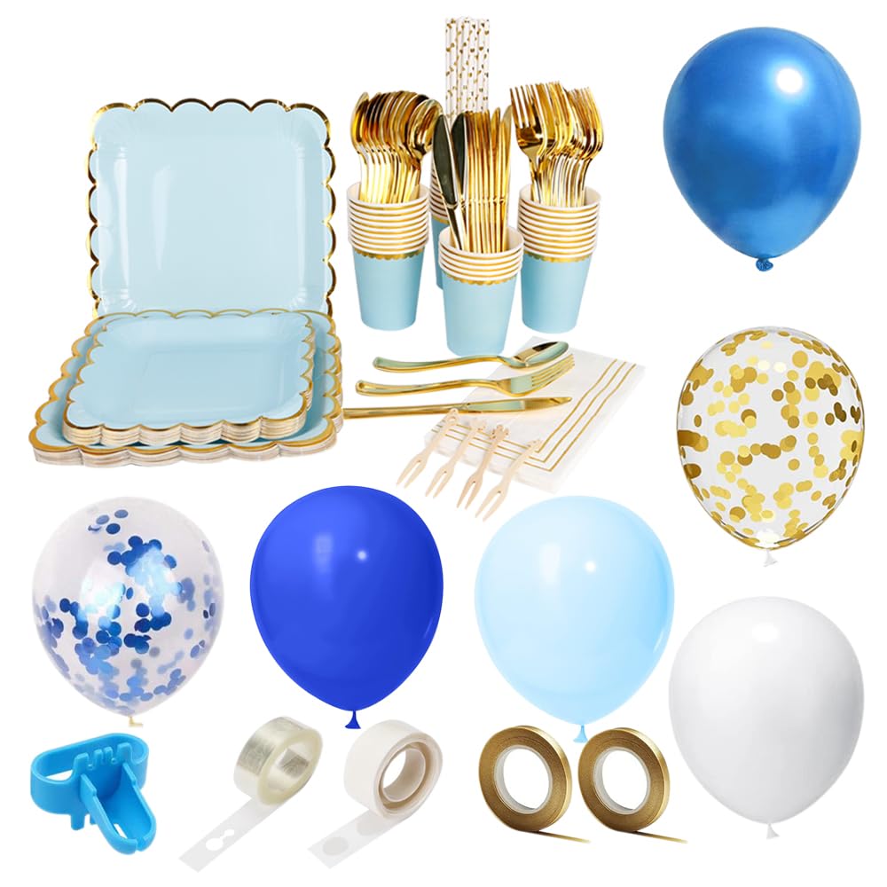 Sparkly Gold Foil Border Disposable Paper Cups - 9oz Elegant Gold & Blue Party Cups (40 Pack) for Weddings, Baby Showers, Birthday Parties & Special Events
