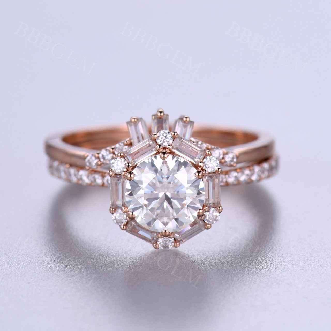 7mm Round Cut Moissanite Engagement Ring Set in 14K Rose Gold with Halo & Matching Wedding Band - Perfect for Proposals, Anniversaries and Bridal Jewelry