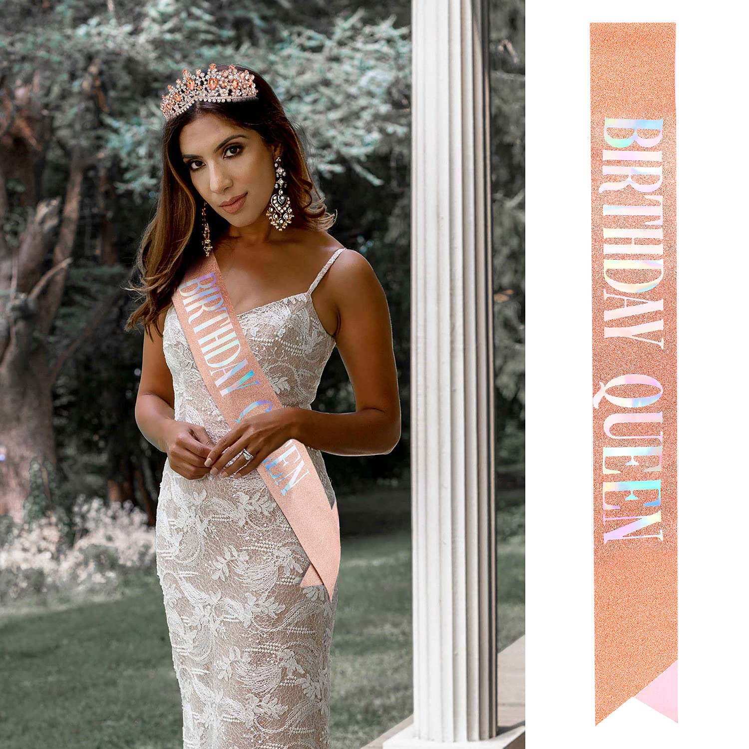 Elegant Rose Gold Birthday Tiara & Sash Set for Women - Queen Crown Headpiece with Rhinestones - Perfect for Birthday Parties, Bachelorette, Bridal Showers & Special Celebrations