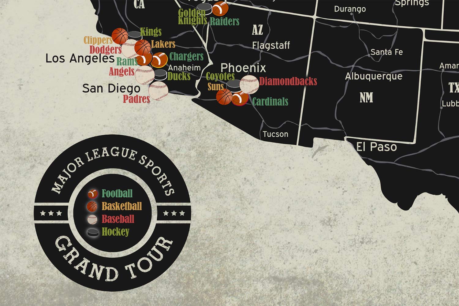 Grand Tour Sports Map - Professional MLB, NFL, NHL & NBA Stadium Locations | Framed Wall Decor with Push Pins | Perfect for Sports Fans, Man Cave & Game Room Decor