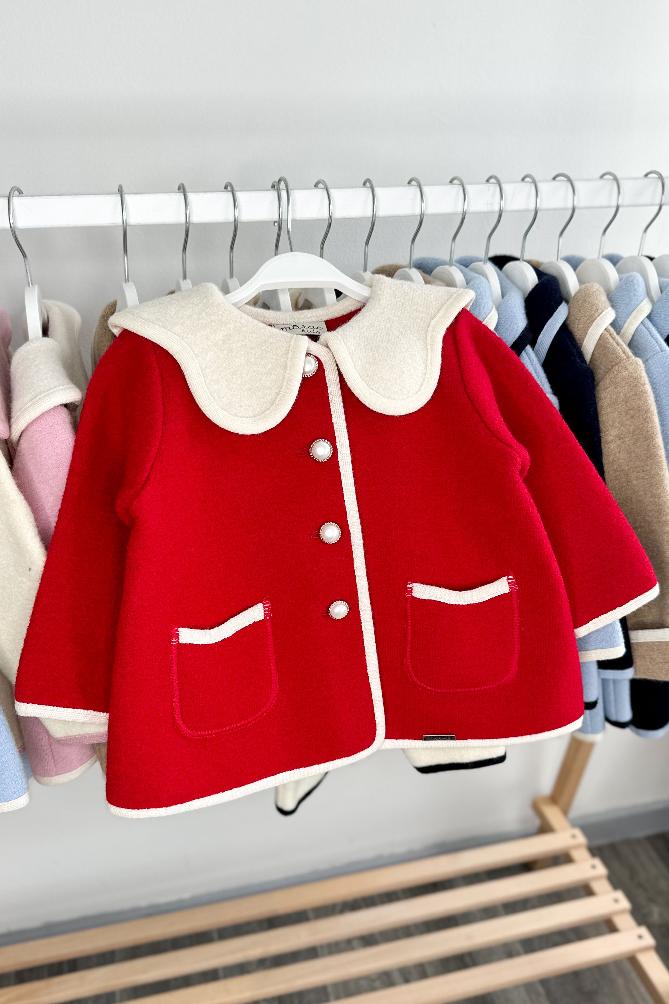 Elegant Eleanor Red & Ivory Merino Wool Coat for Women - Warm Winter Outerwear for Office, Dating & Special Occasions