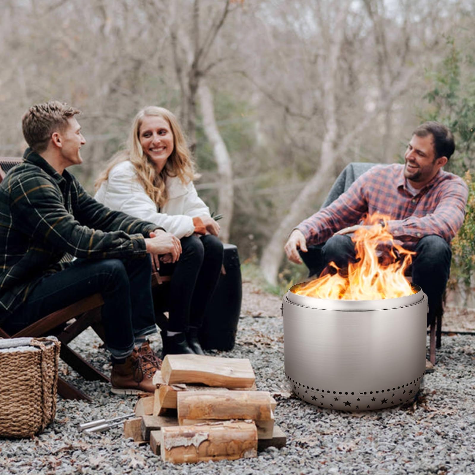 GARVEE 27 Inch Smokeless Fire Pit with Air Switch - Portable Stainless Steel Fire Pit with Handle, Fixed Stand & Stove Hook, Ash Pan - Perfect for Camping, Backyard, Patio, and Outdoor Gatherings