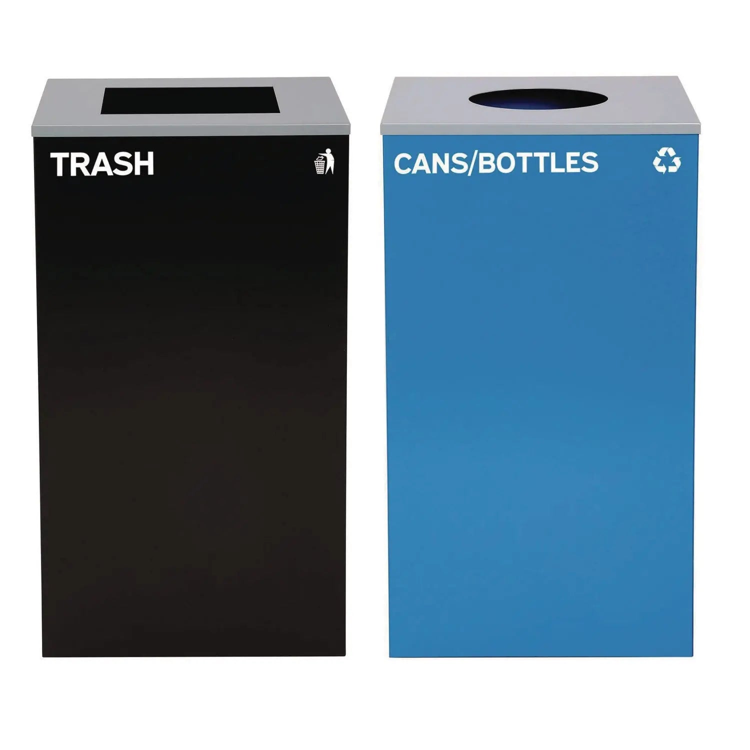 Alpine Industries 29 Gallon Steel Trash Can & Recycling Bin Set - Blue Recycling Container for Cans/Bottles with Circle Lid & Black Garbage Can with Square Lid - Perfect for Kitchen, Office, Garage Waste Management