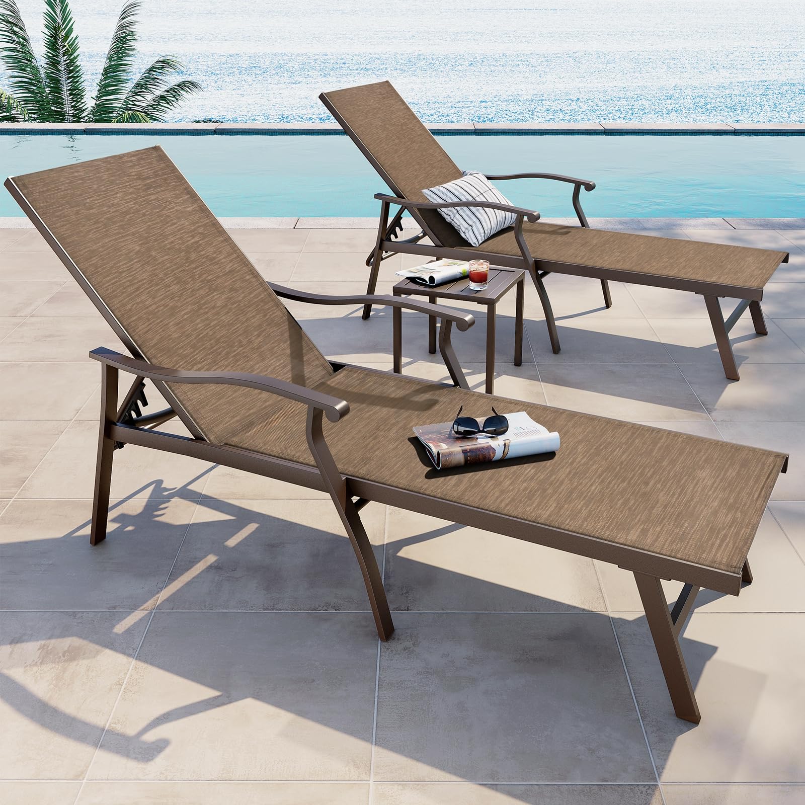 Crestlive 3-Piece Aluminum Chaise Lounge Set - 5-Position Adjustable Patio Recliners, All-Weather Outdoor Lounge Chairs for Poolside, Beach, Backyard & Garden (Brown) - Perfect for Sunbathing, Relaxing & Outdoor Entertaining