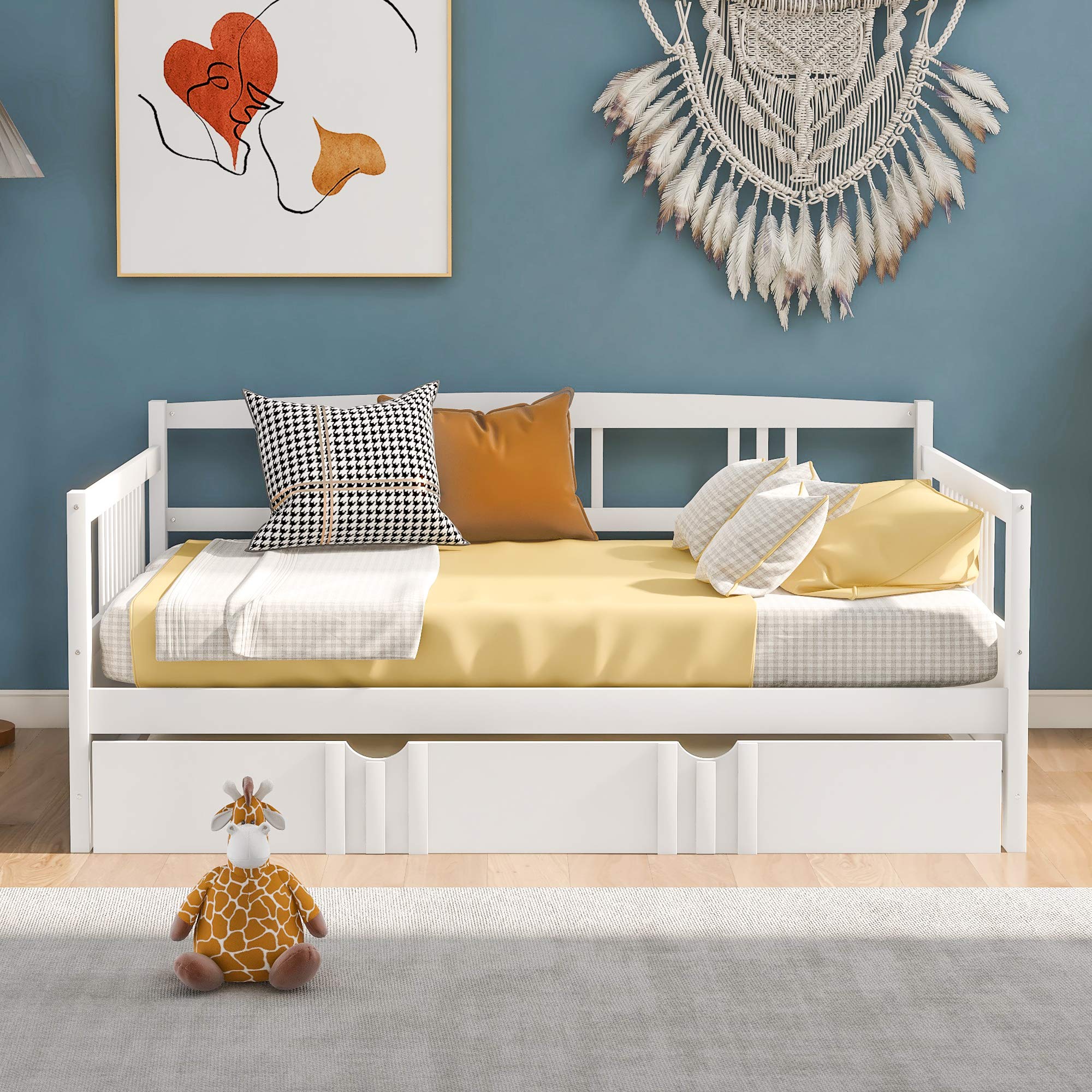 Full Daybed with Twin Trundle - Solid Wood Sofa Bed Frame with Slatted Support for Bedroom & Living Room - No Box Spring Required (White) - Perfect for Guest Rooms, Small Apartments & Home Offices