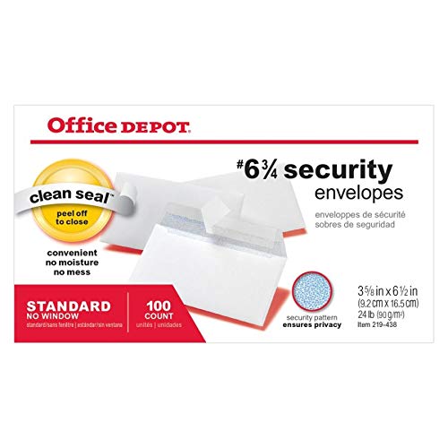 Office Depot Clean Seal(TM) Security Envelopes - #6 3/4 Size (3 5/8 x 6 1/2 Inches) - White, 100-Pack (Item 78185) - Perfect for Mailing Checks, Documents & Confidential Papers