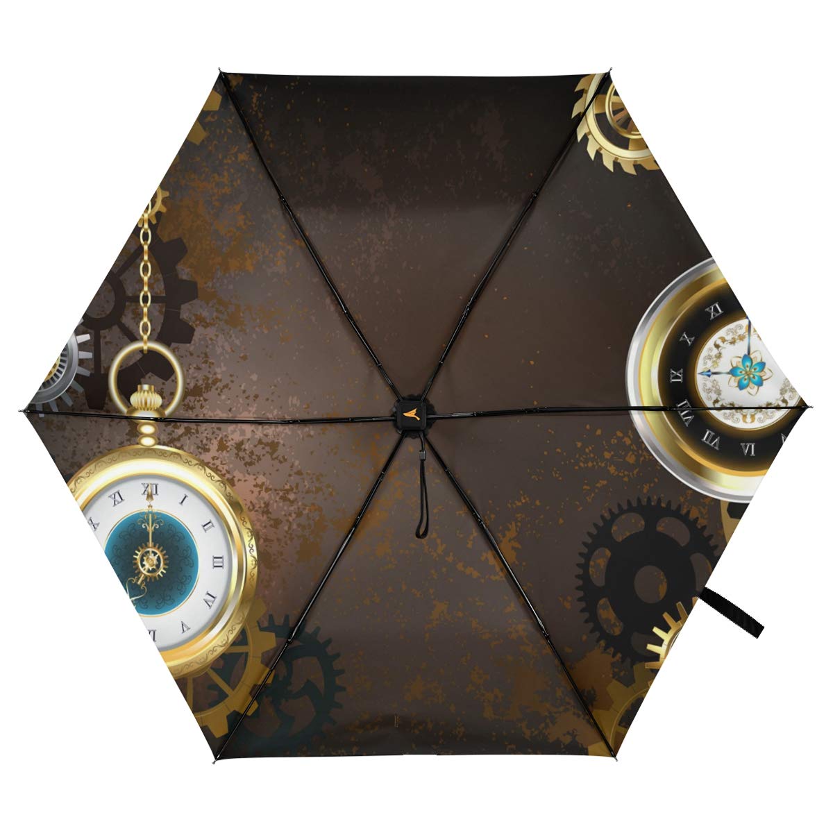 **Windproof Portable Travel Umbrella with Textured Brass Gears - Antique Folding UV Protection Parasol for Rain & Sun - Lightweight Large Umbrella for Walking, Beach, Hiking & Outdoor Activities**