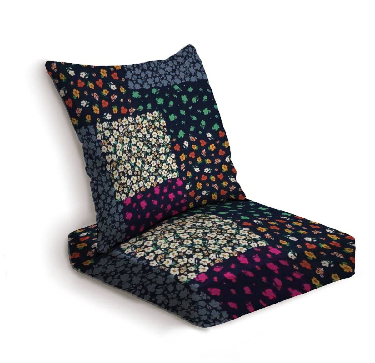 ONENPENRI 2-Piece Outdoor Deep Seat Cushion Set - Navy Blue Floral Patchwork Cushions for Patio Furniture, Lounge Chairs & Conversation Sets - Waterproof & Durable Replacement Seat Cushions for Outdoor Sofas, Deck, Garden & Poolside Relaxation