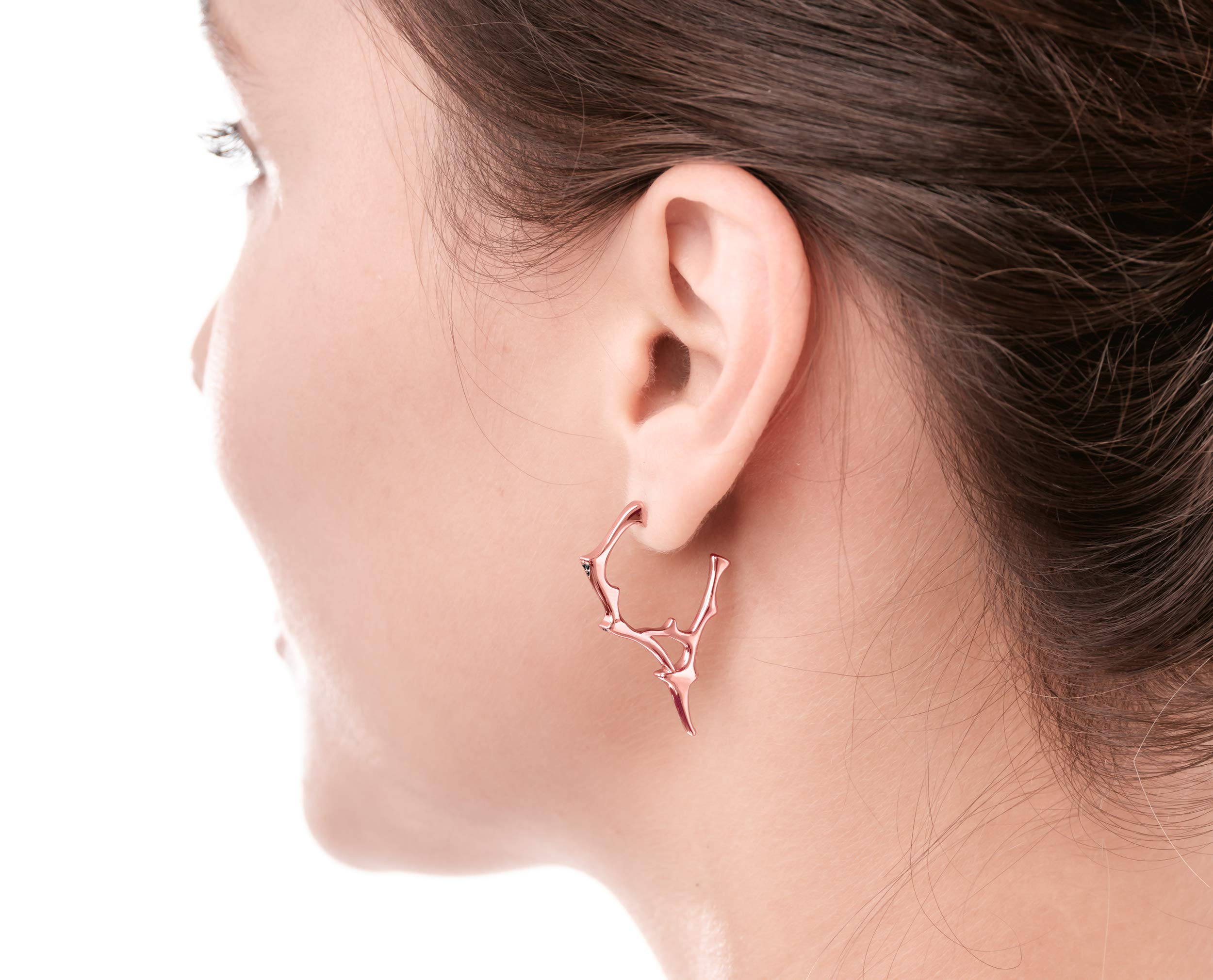 Rose Gold Diamond Hoop Earrings - Gothic Spike & Branch Thorn Earrings - Black Diamond Witch Twig Earrings - Silver Goth Jewelry for Women - Perfect for Halloween, Witchy Aesthetic & Dark Fashion