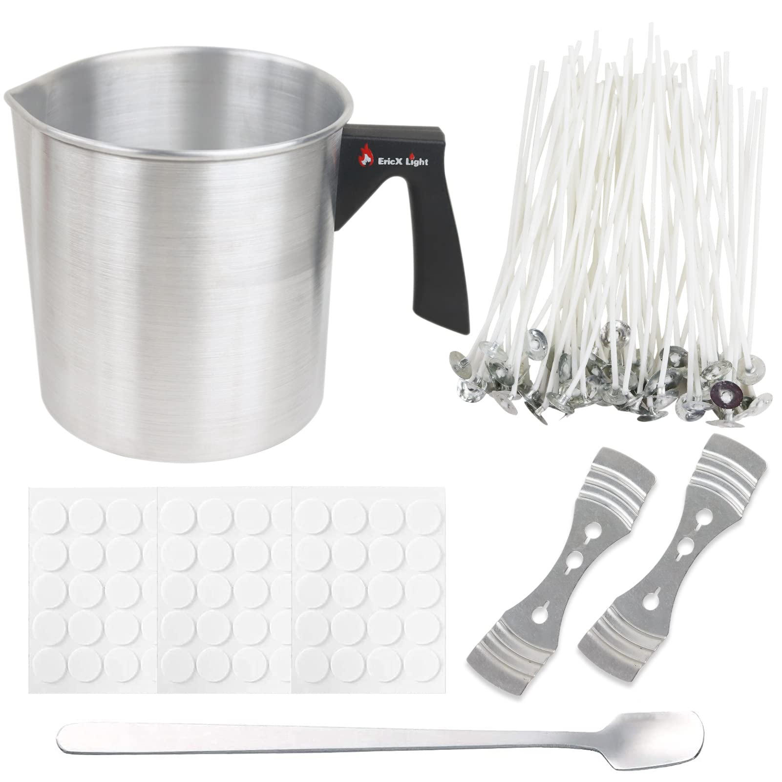 Premium DIY Candle Making Kit - 60pcs Cotton Wicks, 60 Adhesive Stickers, Wax Pouring Pot, 2 Wick Centering Tools & Mixing Spoon - Complete Candle Craft Supplies for Home Decor, Gifts & Relaxation