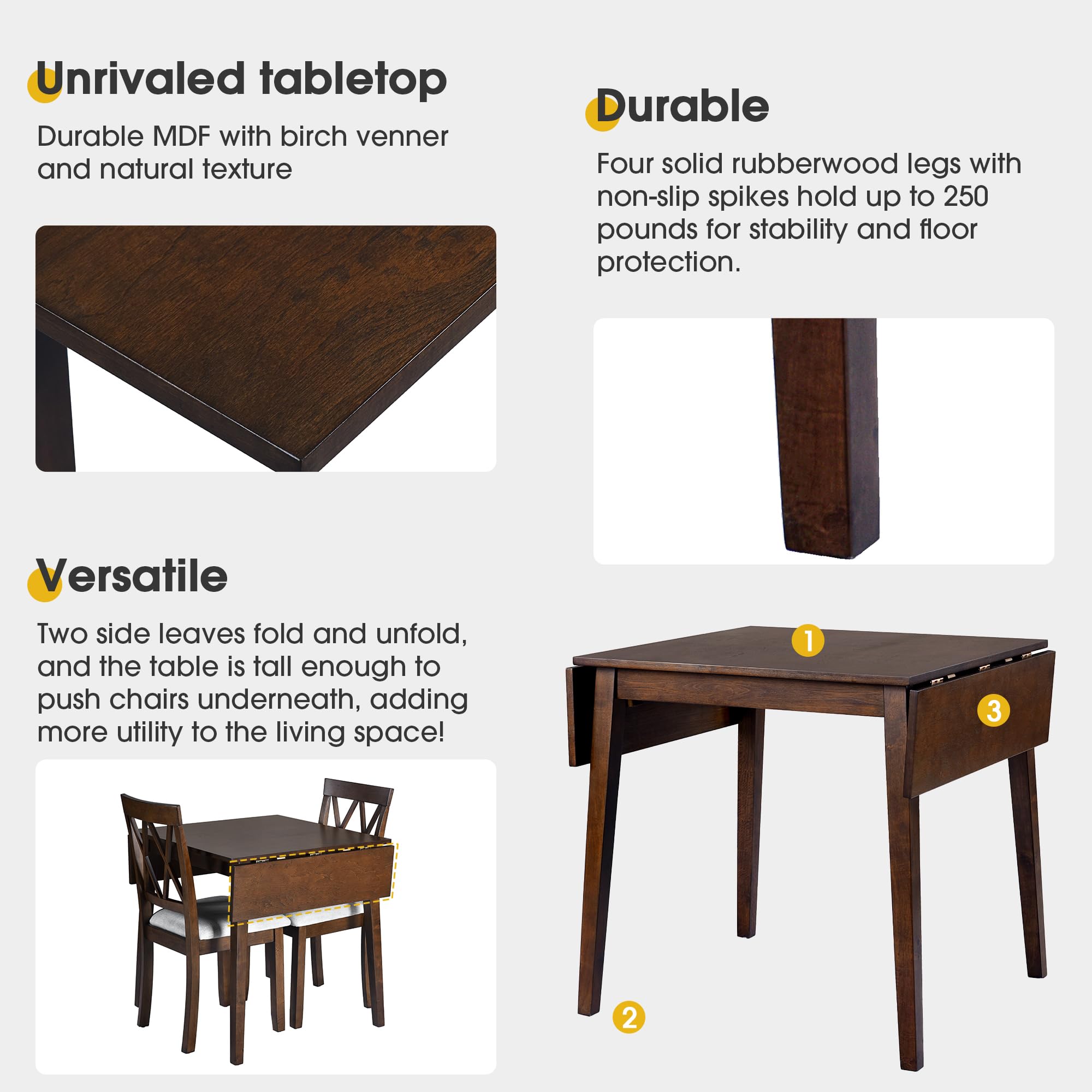 Merax 5-Piece Extendable Dining Table Set with Drop Leaf Table & 4 Padded Chairs - Space-Saving Foldable Design for Small Apartments, Kitchens & Dining Rooms - Rich Brown Finish