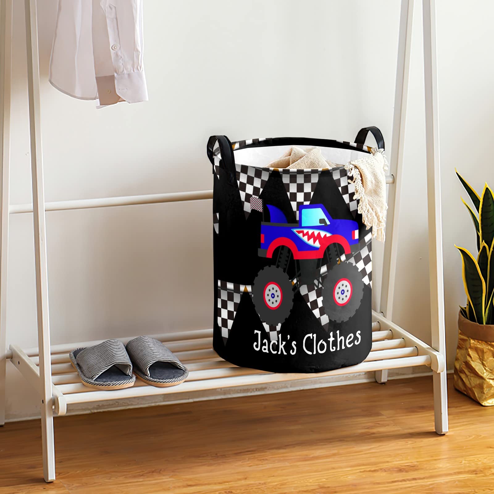 Custom Monster Truck Laundry Hamper - Waterproof Collapsible Drawstring Storage Basket with Handle for Clothes & Toys (50x36cm) | Perfect for Kids' Room, Nursery & Playroom Organization