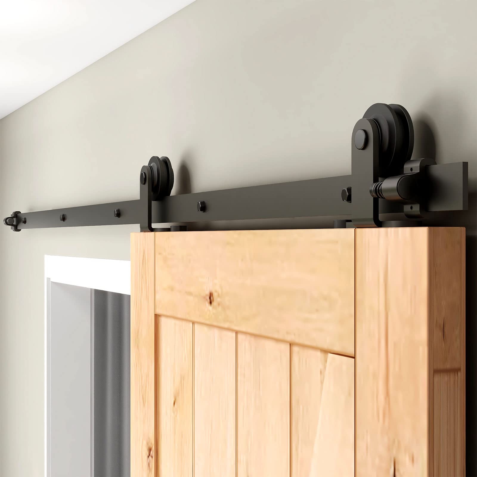 CCJH 19FT Heavy Duty Sliding Barn Door Hardware Kit - Smooth Silent Gliding, Easy Installation, Fits 114
