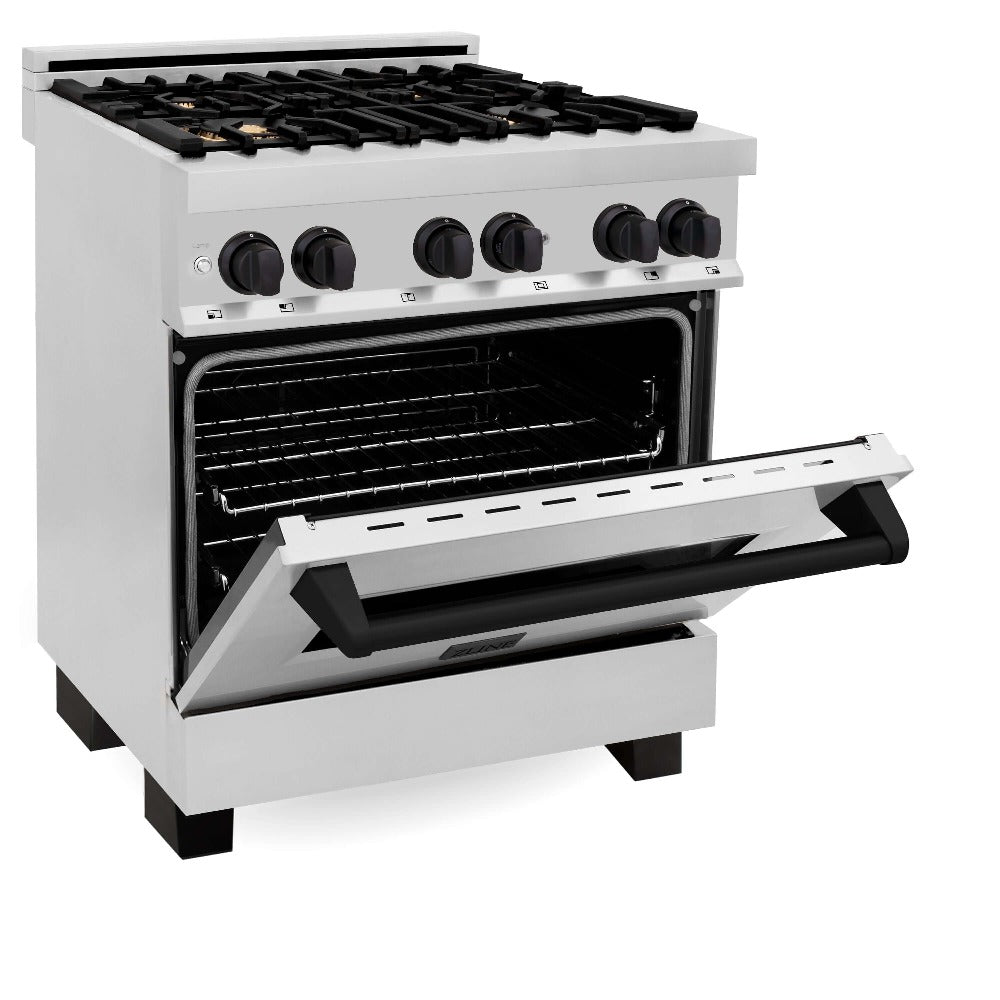 ZLINE Autograph Edition 30-inch Stainless Steel Dual Fuel Range Kitchen Package with Range Hood, Dishwasher & Refrigerator with External Water Dispenser - Matte Black Accents (4AKPR RARHDWM30 MB) | Premium Kitchen Appliances for Modern Homes & Professional Chefs