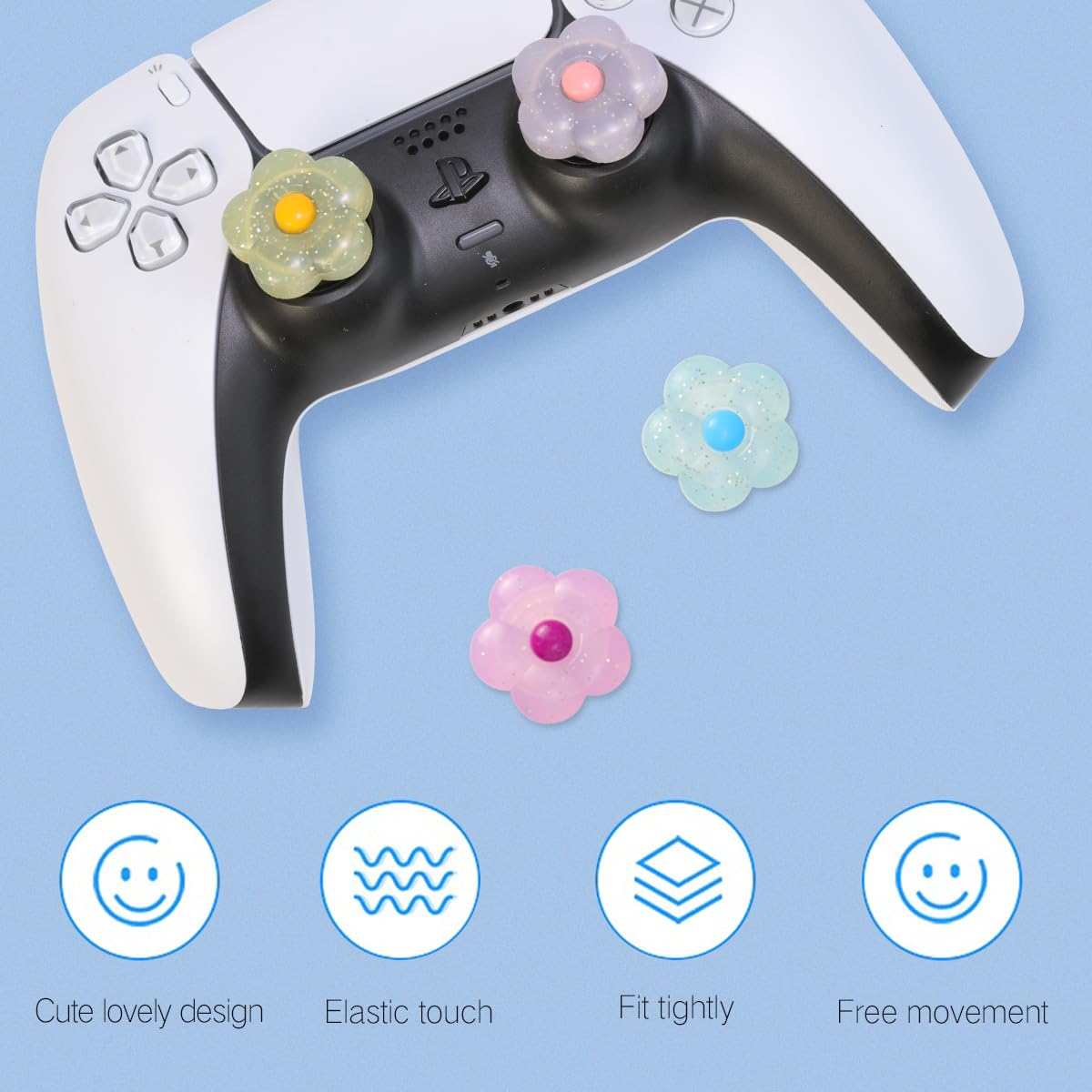 PERFECTSIGHT Cute Glitter Flower Thumb Grips for PS5, PS4, Xbox Series X/S, Xbox One, Switch Pro Controller - 4PCS Soft Rubber 3D Analog Joystick Covers - Kawaii Gaming Accessories for Enhanced Grip & Comfort During Long Gaming Sessions