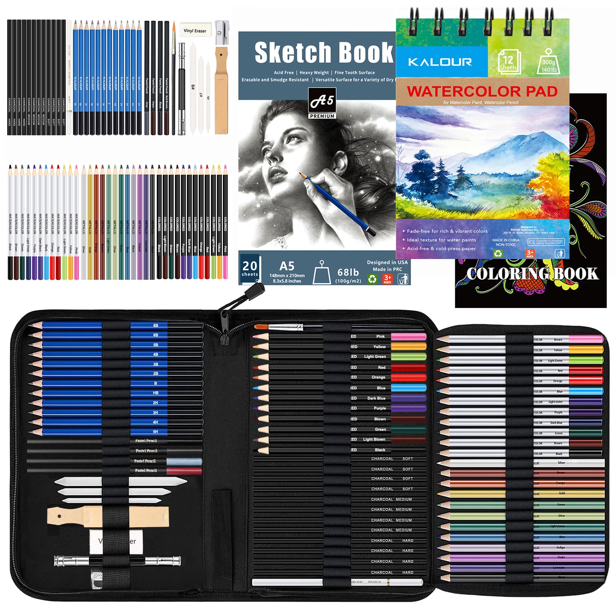 KALOUR 76pc Art Set - Sketching & Drawing Kit with Pencils, Pastels & Watercolors for Beginners - Perfect for Sketching, School & DIY Projects