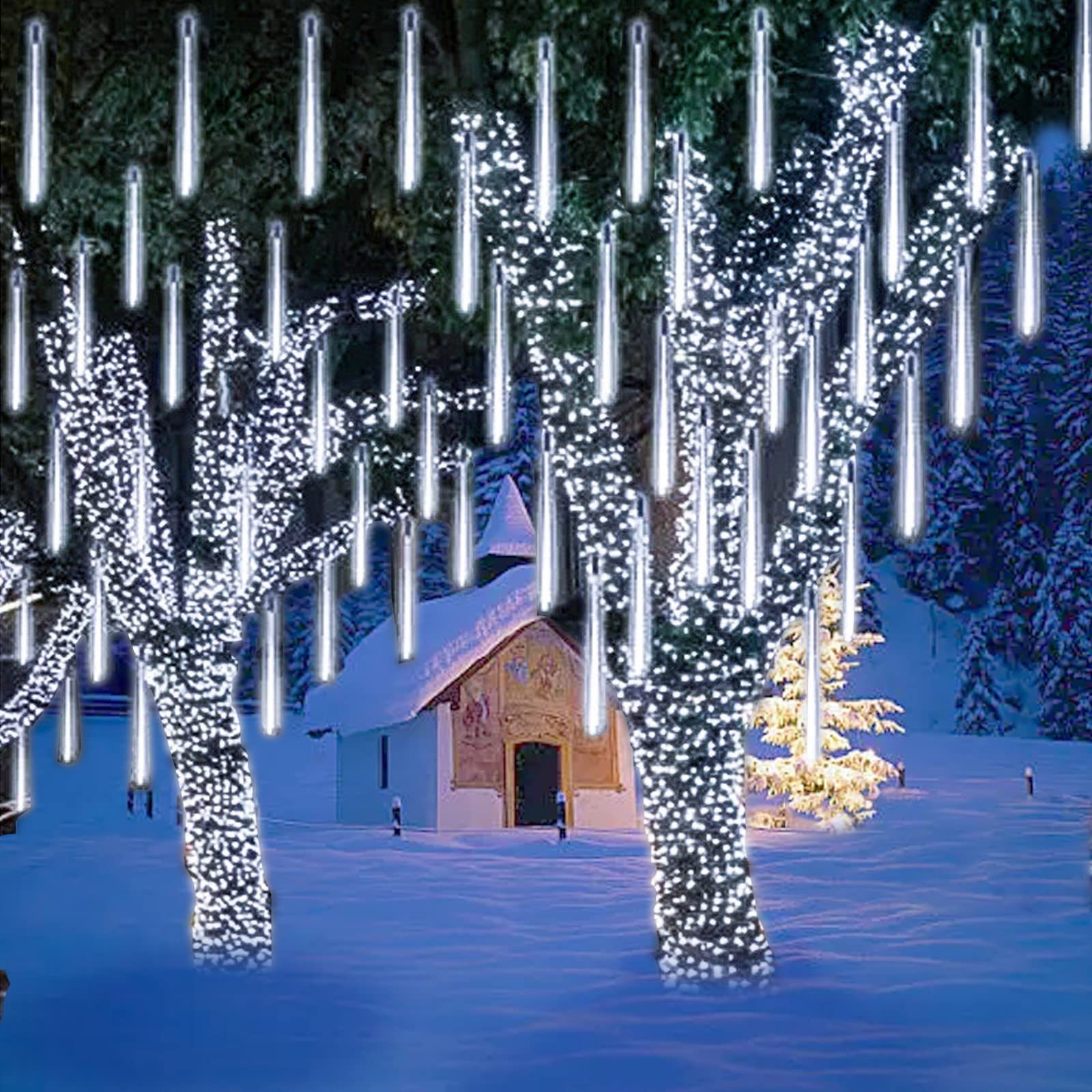 288 LED 8 Tube 12 Inch White Christmas Lights Outdoor - Meteor Shower Rain Lights Plug in Falling Icicle Lights for Xmas Tree, Yard, House Décor | Perfect for Holiday, Winter, and Christmas Party Decoration