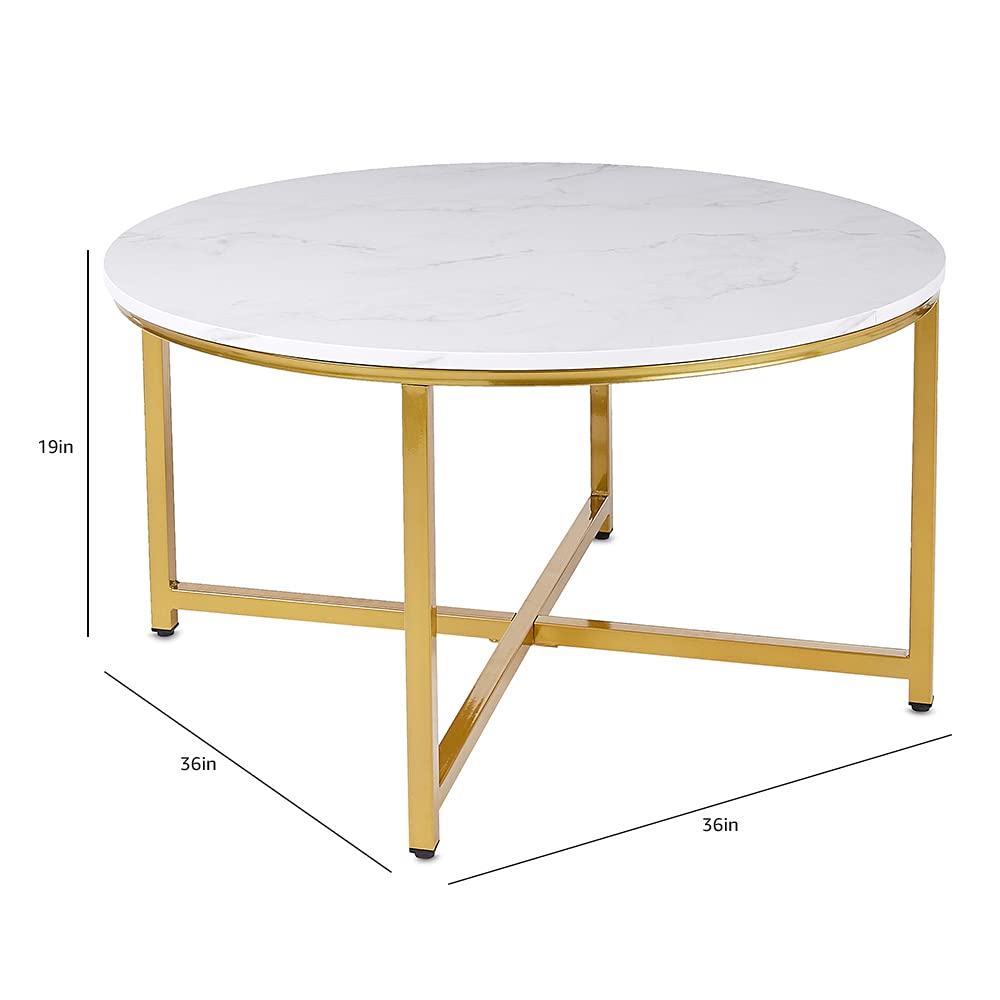 Modern Round Coffee Table with Marble Top & Gold Metal Legs - AZL1 Life Concept Center Table for Living Room, Dining Room | Stylish Sofa Table for Home Decor, Lounge & Office Use