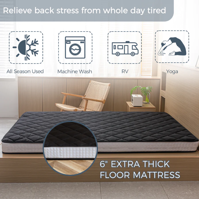 MAXYOYO Extra Thick Foldable Japanese Floor Mattress - Black | Comfortable Futon for Guest Bed, Camping & Small Space Living