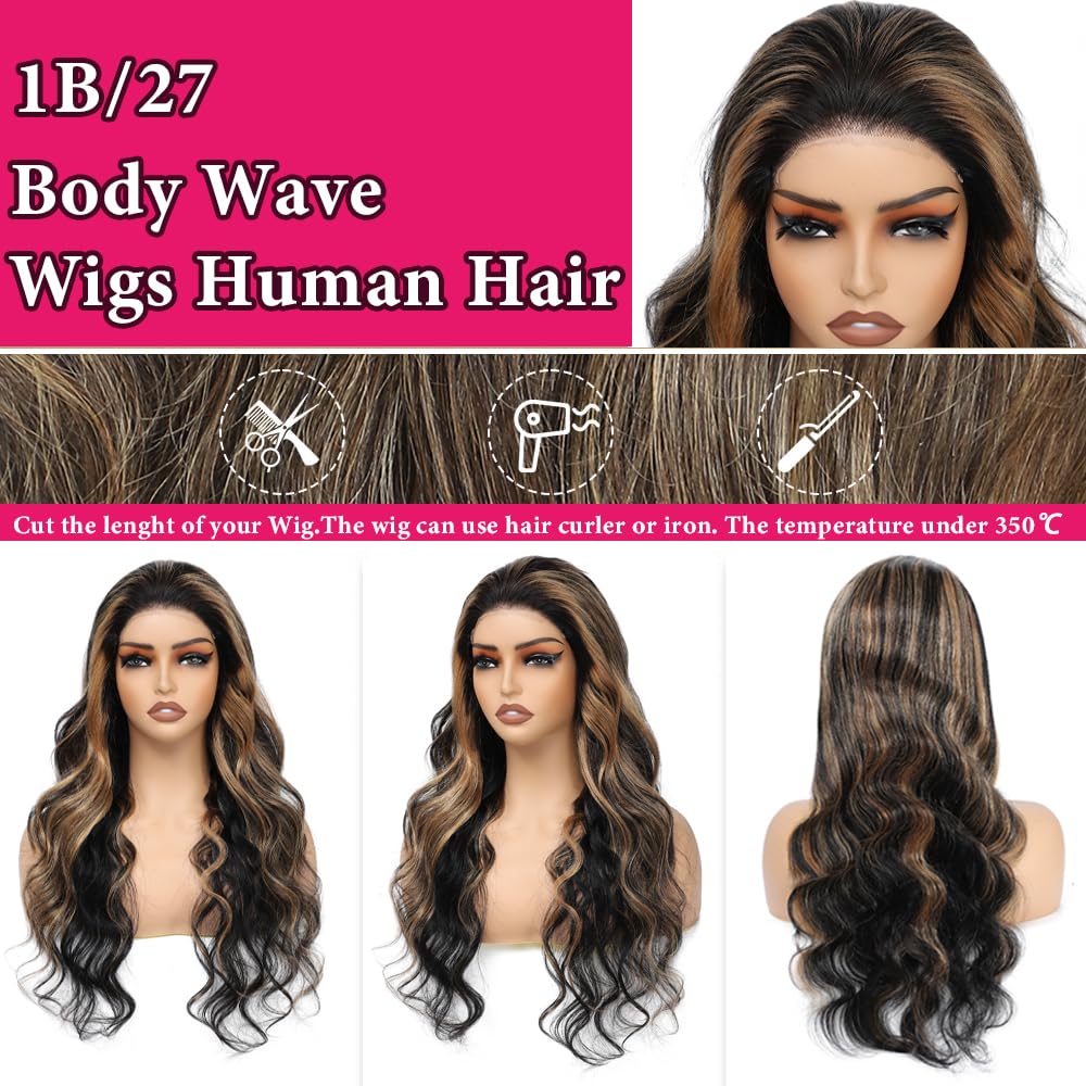 5x5 HD Lace Closure Wigs Human Hair - Glueless Wear and Go, Pre Plucked & Pre Cut, 180% Density, 1B/27 Body Wave Ombre, Highlight Honey Blonde, 30 Inch - Perfect for Daily Wear, Parties & Special Occasions