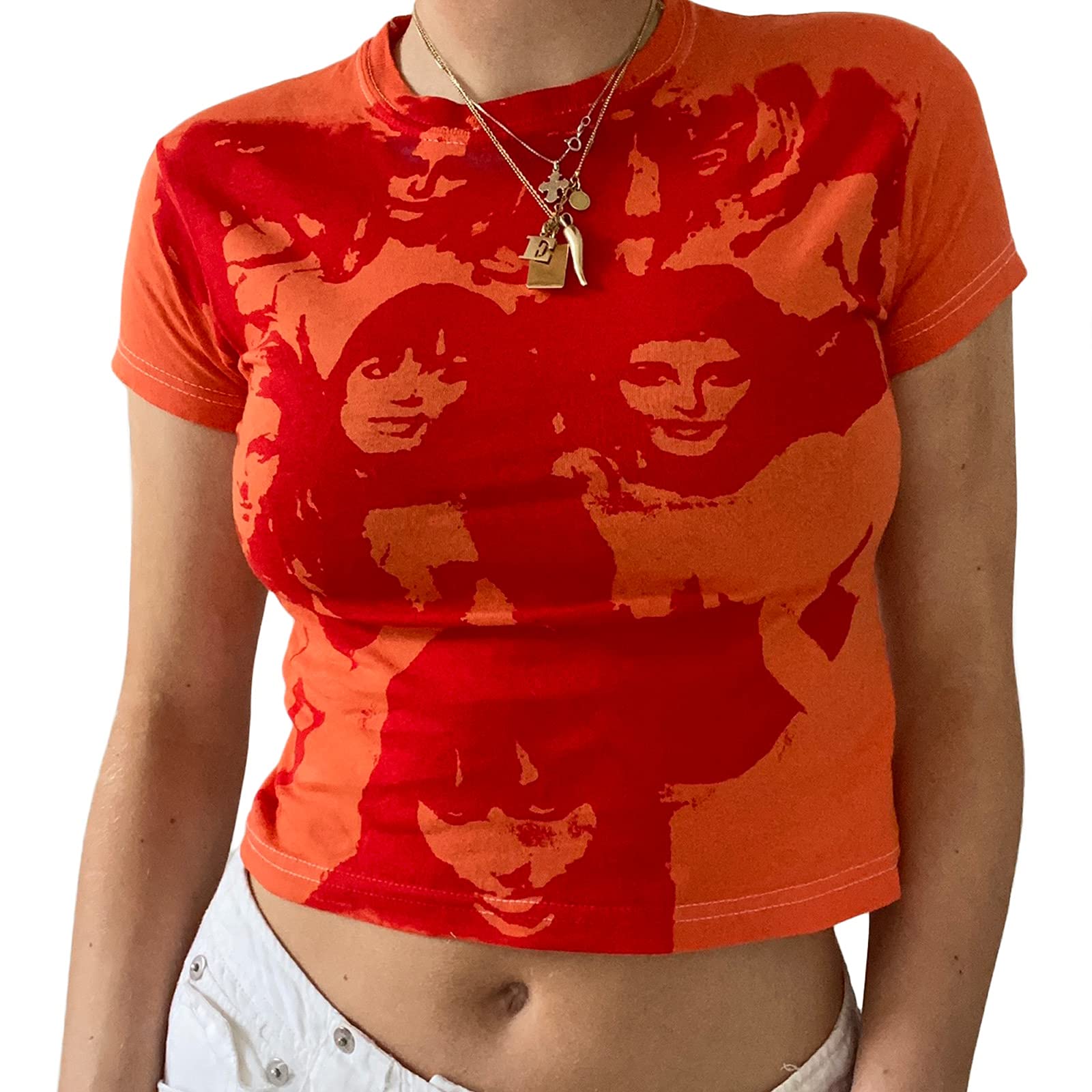 Y2K Women's Crop Top with Face Portrait Print - Short Sleeve Slim Fit Tee Tank Top for E-Girl Style | Summer Fashion, Streetwear, Music Festival Outfit