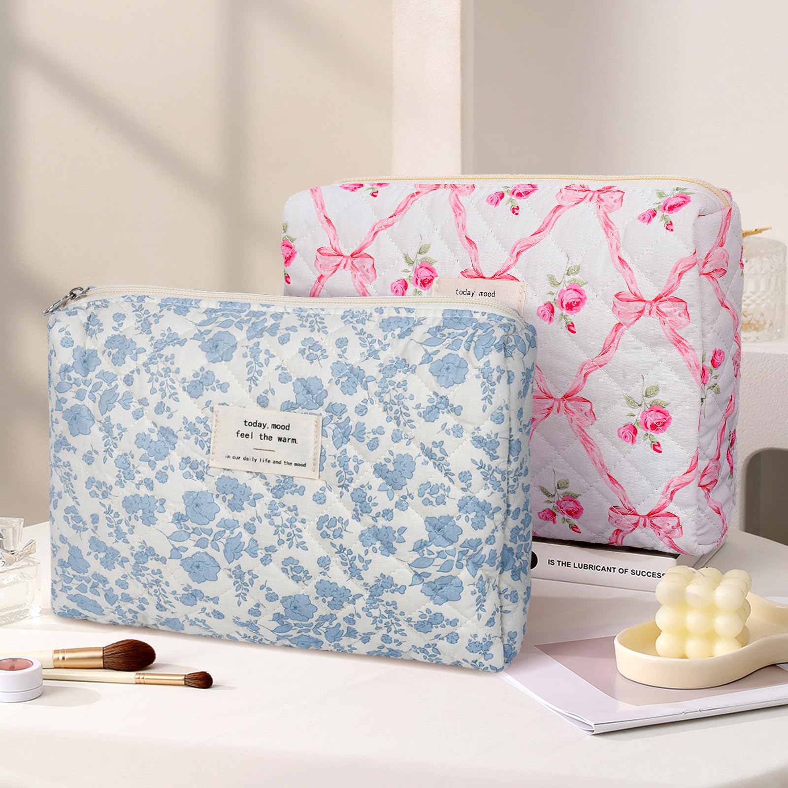 Quilted Floral Makeup Bag for Women - Medium Travel Cosmetic Pouch with Cotton Lining, Cute Storage Organizer for Brushes & Toiletries | Perfect for Travel, Gym & Daily Essentials