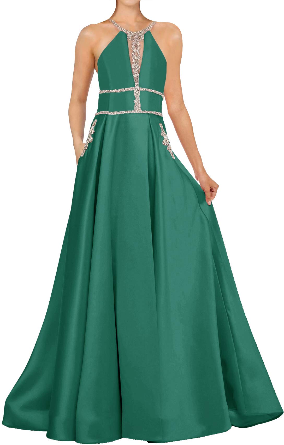 Elegant Halter Prom Dress with Pockets - Long Satin Formal Evening Gown with Crystal Details | Perfect for Homecoming, Prom Night & Black Tie Events