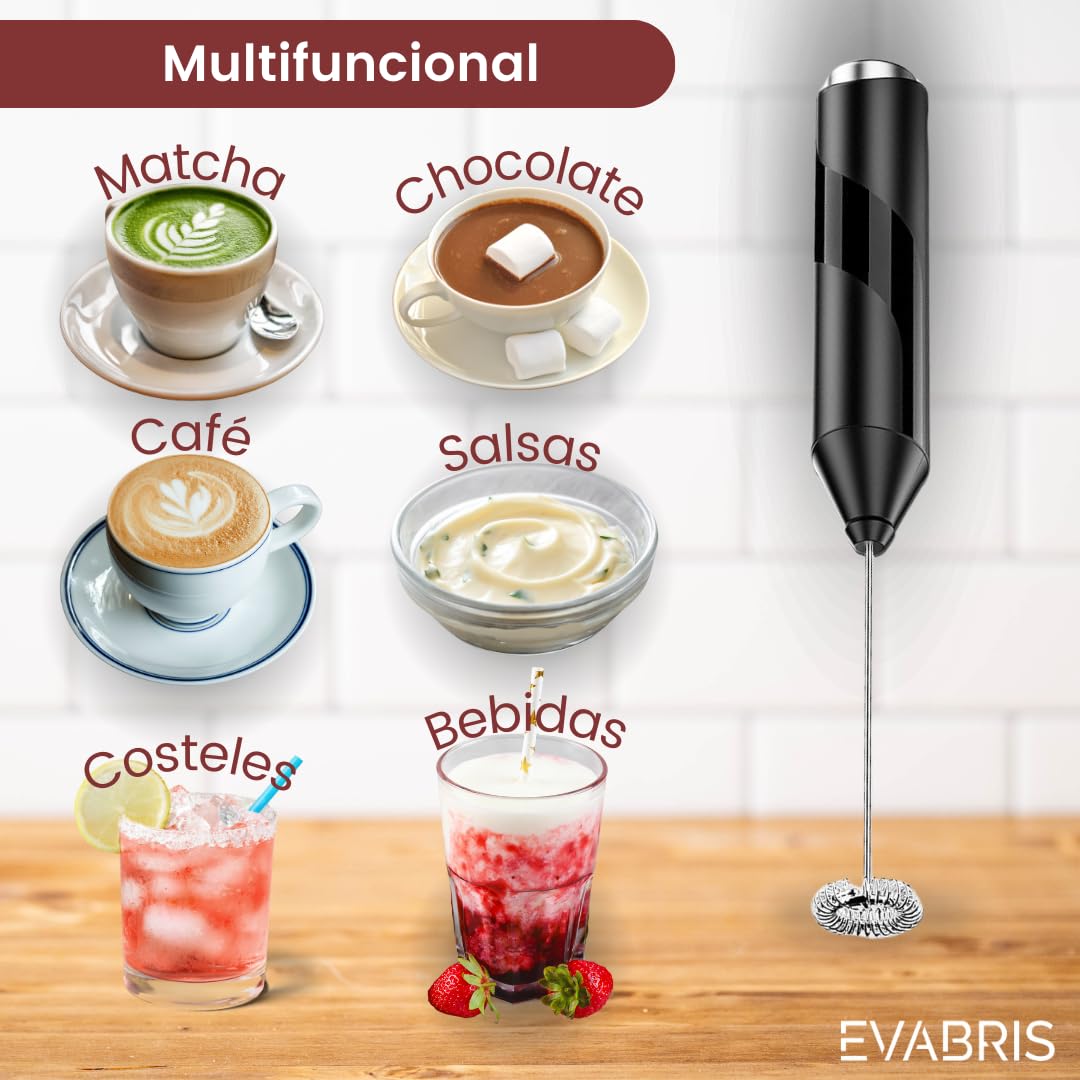 EVABRIS® Electric Milk Frother, Stainless Steel Handheld Milk Foam Maker, Battery Powered (2 AA), Portable Mini Frother for Coffee, Latte, Cappuccino - Perfect for Home, Office & Travel Use