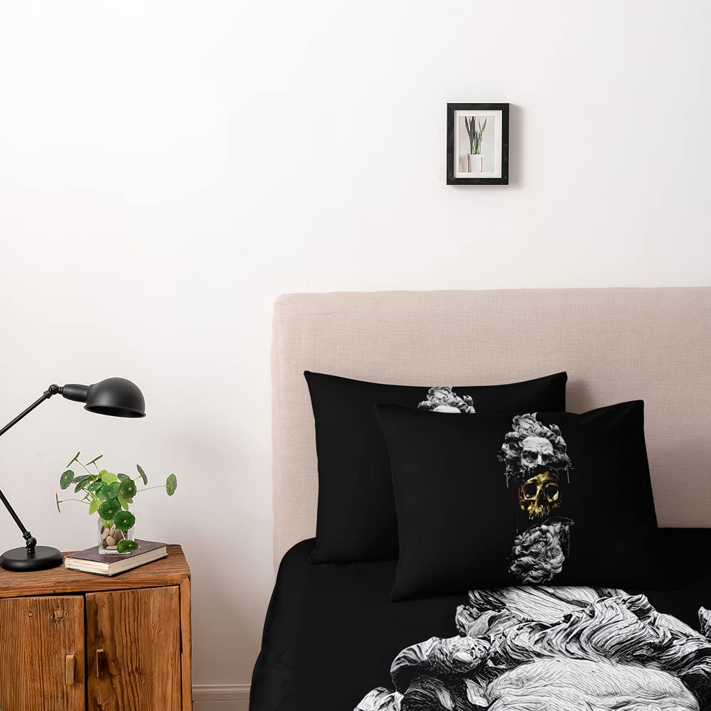 Modern Art Black Golden Skull Duvet Cover Set - Twin/Twin XL Size with Pillow Shams - Gothic Broken Statue Design Bedding for Teen Boys Room, Dorm Decor & Halloween Themed Bedroom