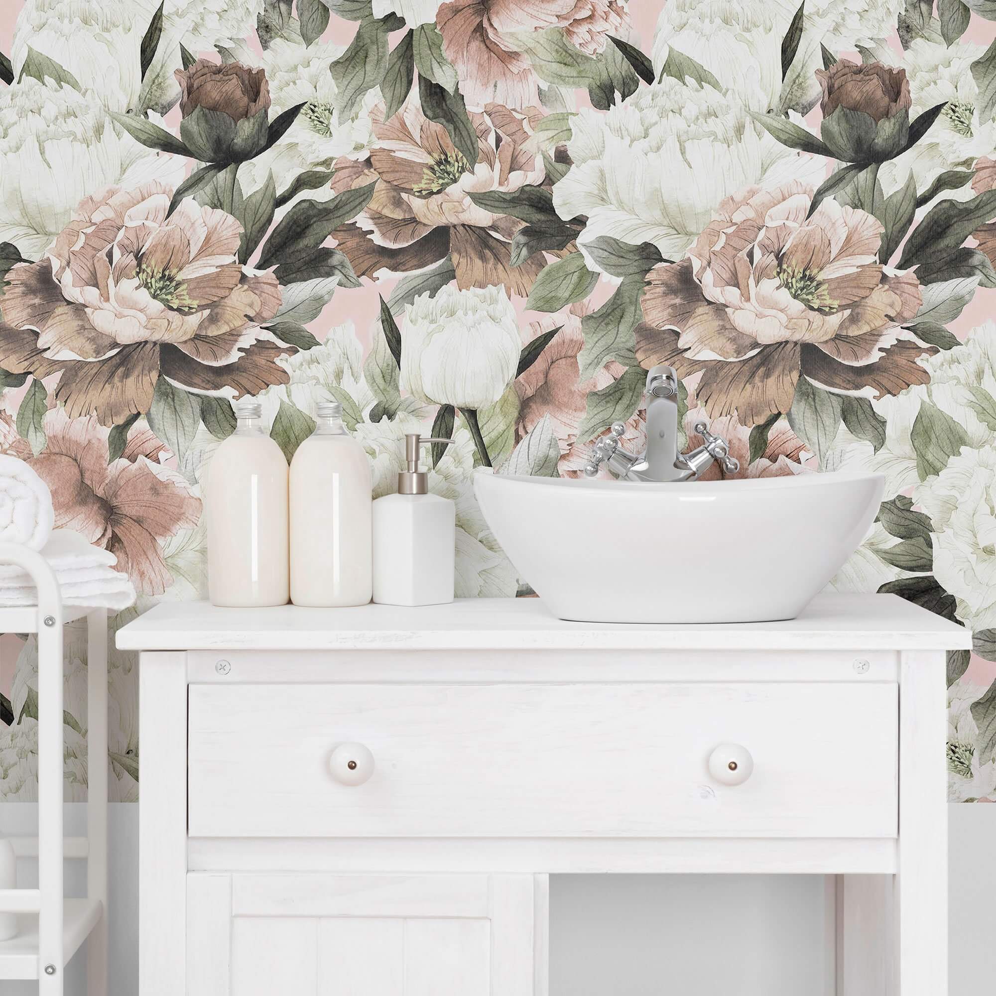 White and Pink Floral Peel & Stick Removable Wallpaper - Self-Adhesive Decorative Wall Covering for Bedroom, Nursery, Living Room & Home Office Decor