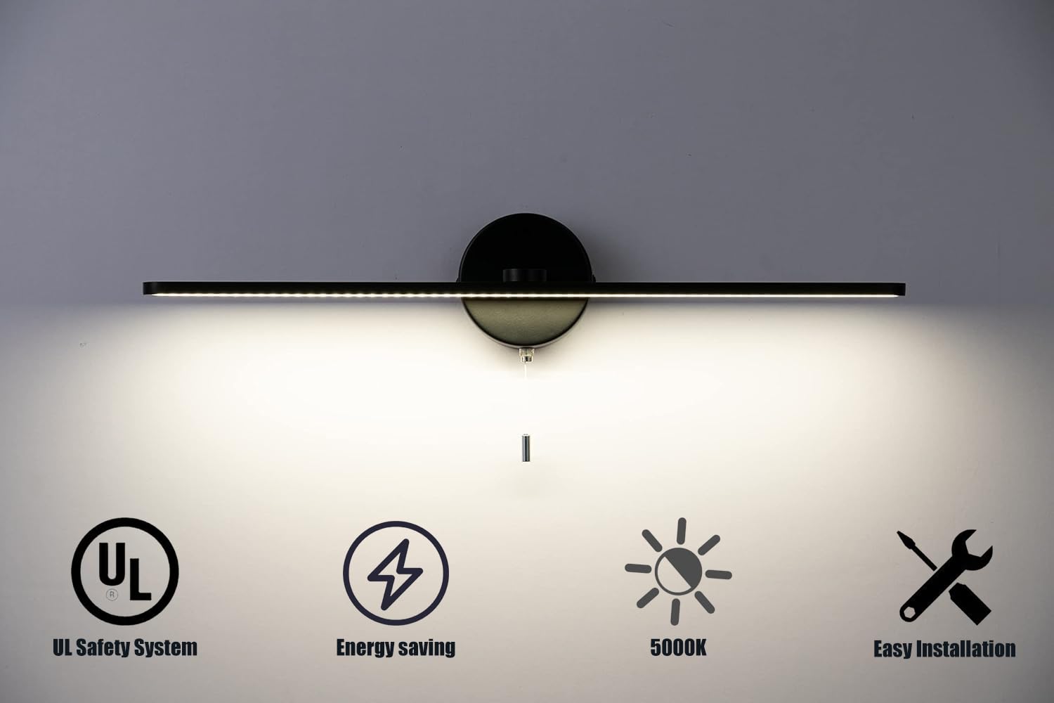 Modern Black 24 Inch LED Vanity Light Bar - Bathroom Mirror Lighting Fixture with 5000K Daylight & Pull Chain Switch - Perfect for Bathroom Vanity, Dressing Room & Makeup Area Wall Sconces