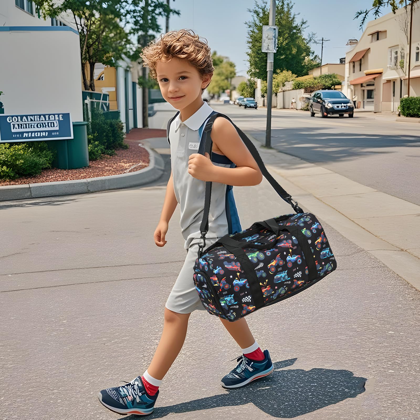 BTOOP Kids Overnight Duffle Bag for Boys - Soccer Sports Gym Bag with Shoe Compartment, Toddler Weekender Travel Backpack for Sleepovers, School & Sports (Truck-Black) - Perfect for Weekend Trips, Soccer Practice & Sleepover Parties