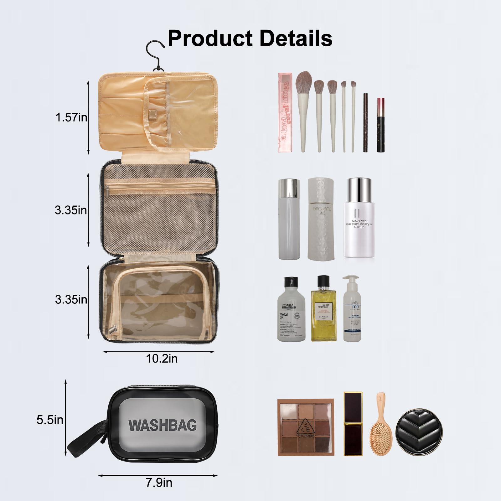Waterproof Travel Toiletry Bag for Women - 2 Pack Hanging Cosmetic Organizer with Hook | Portable Makeup Bag for Business Trips, Vacation, Gym & Bathroom Storage (Black)