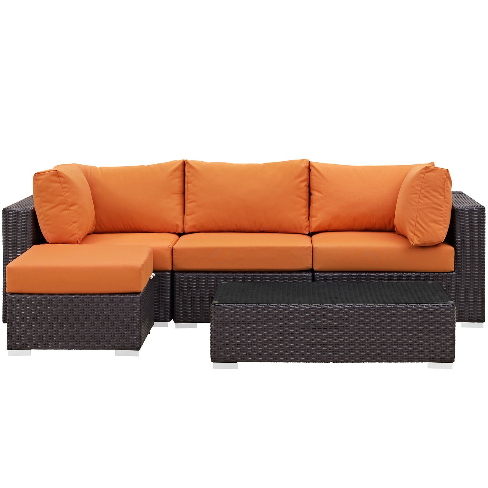 Modway Convene 5-Piece Wicker Rattan Outdoor Patio Sectional Sofa Set - Espresso Brown & Orange Cushions for Backyard, Poolside & Garden Relaxation