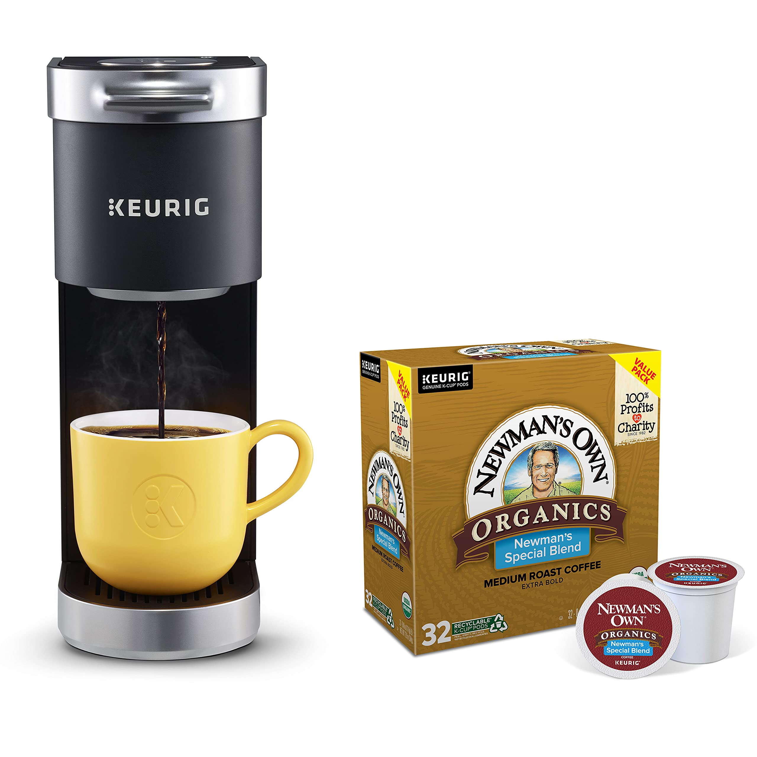 Keurig K-Mini Plus Single Serve Coffee Maker with 32 Newman's Own Organics Special Blend K-Cup Pods - Compact Design for Home, Office & Dorm Use