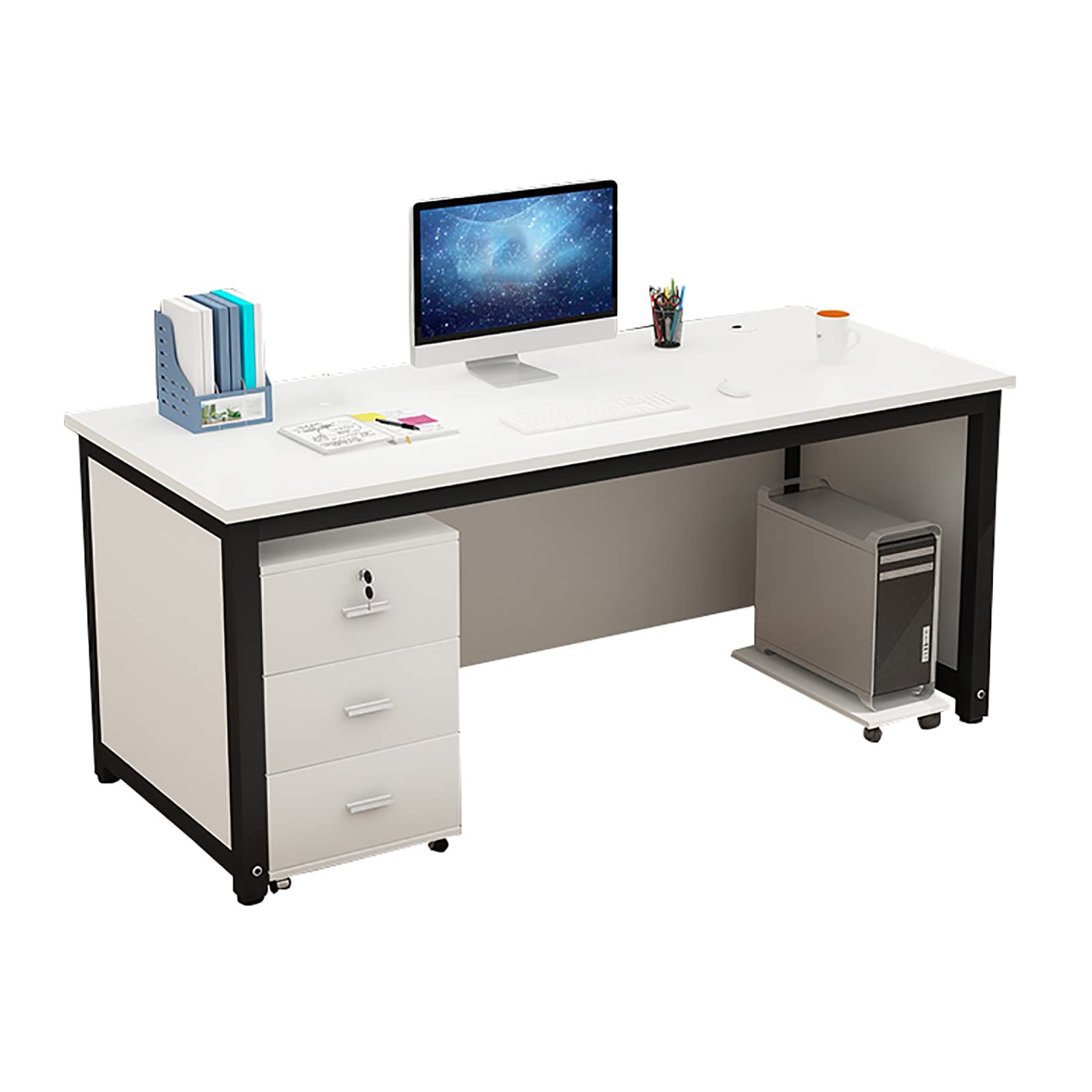 Modern Computer Desk with Drawer Cabinet - Multifunctional Home Office Writing Desk & Gaming Table, White - Perfect for Small Spaces, Work from Home & PC Gaming Setup