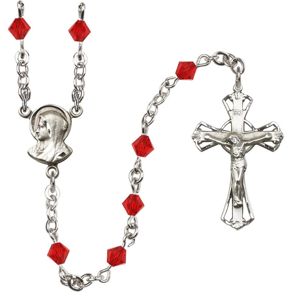 Sterling Silver Rosary Necklace with 5mm July Red Round Beads & Crucifix - 1 1/4