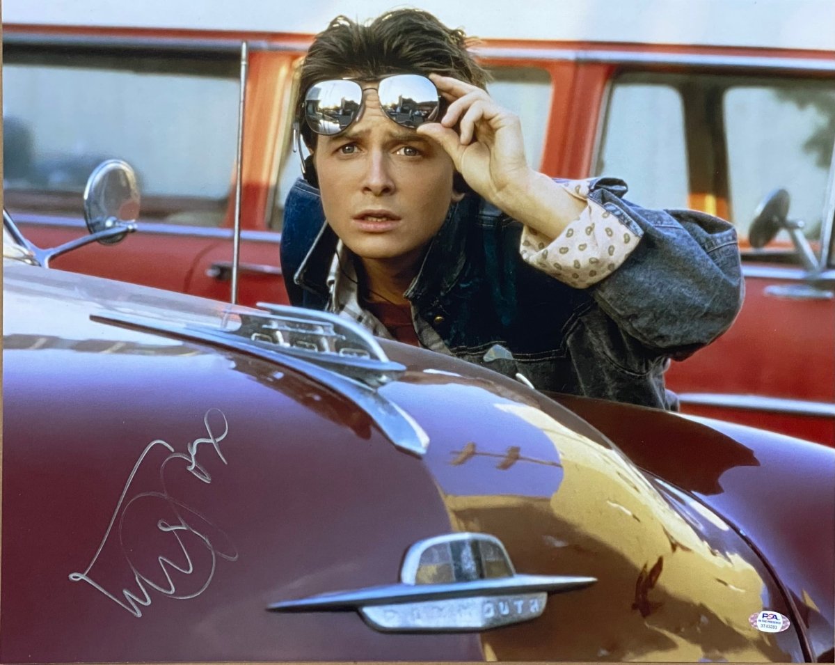 Michael J. Fox Autographed 16x20 Back to the Future Movie Memorabilia - Signed Sunglasses Photo with PSA Hologram Certificate | Perfect for Film Collectors, Sci-Fi Fans & Home Theater Decor