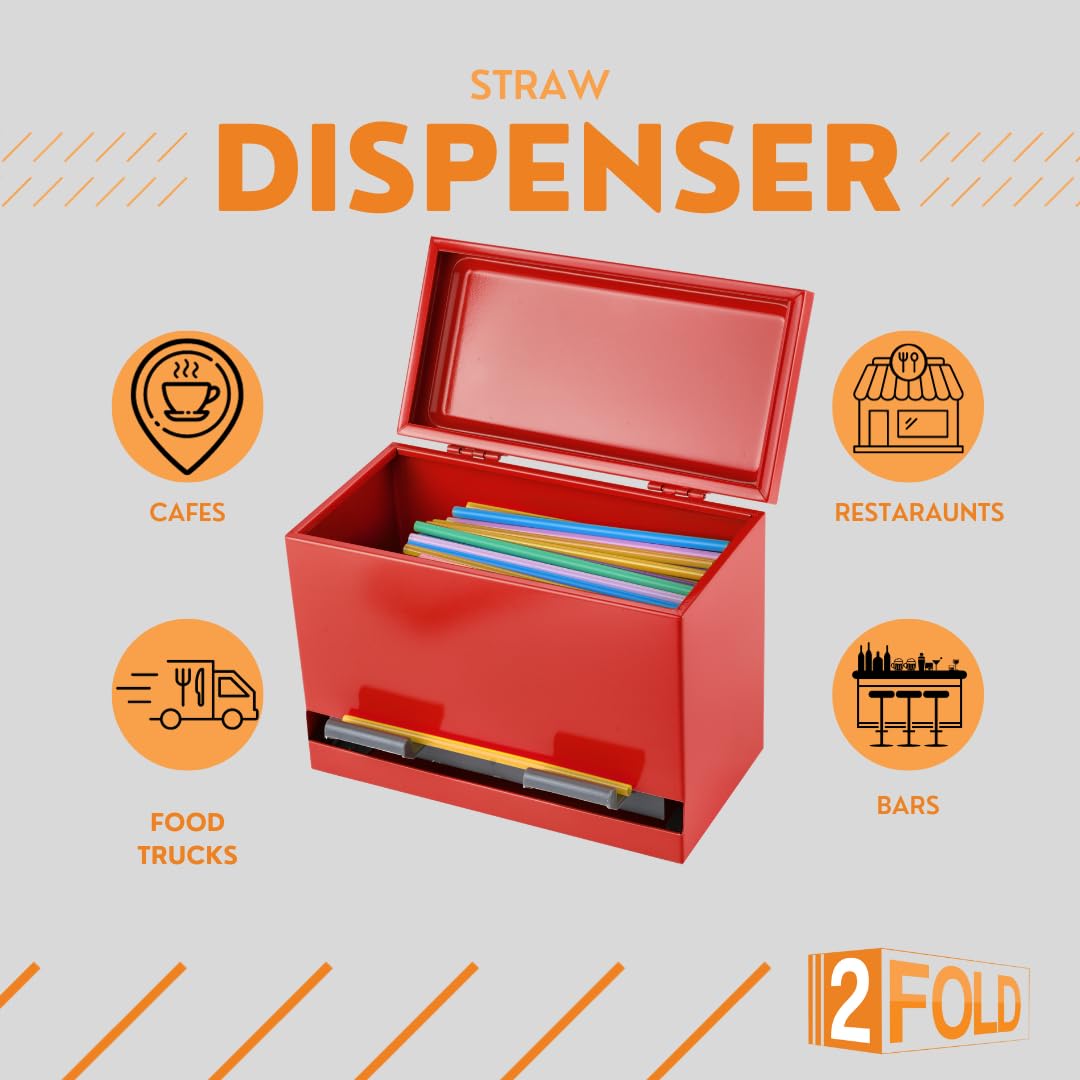 2Fold Stainless Steel Straw Dispenser - Bulk Drinking Straw Organizer for Paper & Plastic Disposable Straws - Includes Custom Label Stickers (Red) | Perfect for Restaurants, Cafes, and Eco-Friendly Home Use