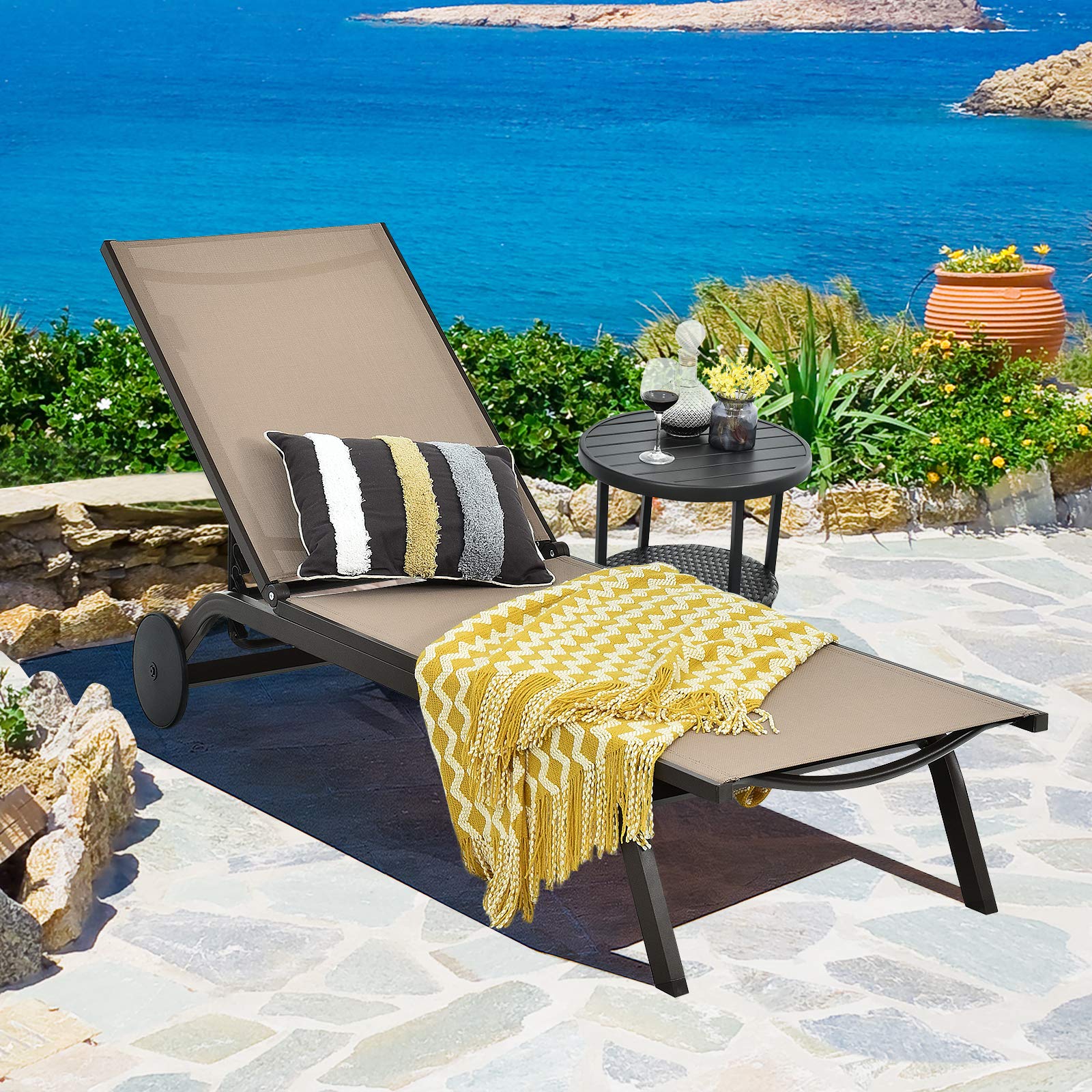 Giantex Adjustable Aluminum Patio Lounge Chair with 6-Position Recliner & Wheels - Outdoor Chaise Lounge for Beach, Poolside, Garden & Sunbathing (Brown) - Perfect for Relaxing by the Pool, Backyard Lounging & Outdoor Leisure