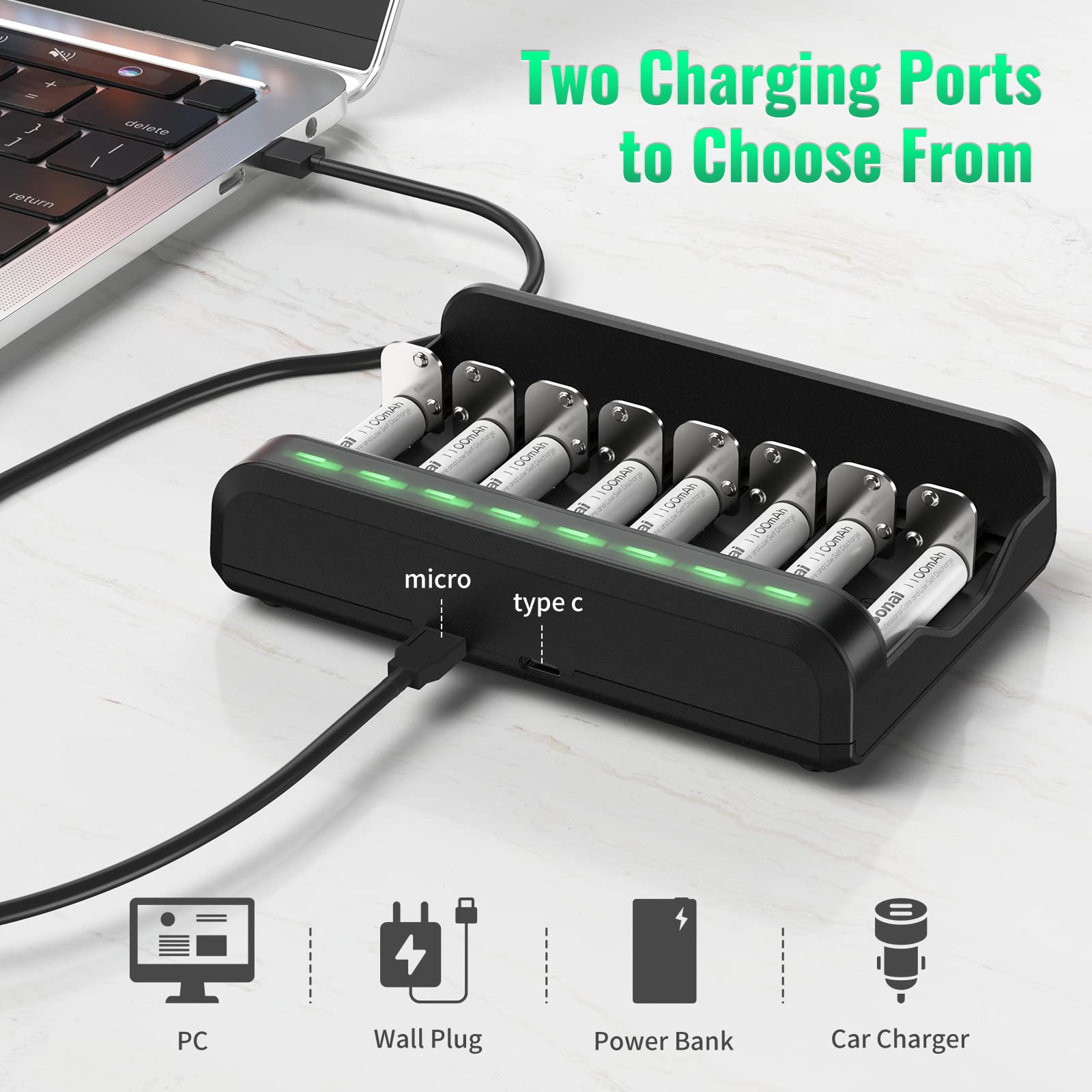 BONAI Rechargeable AAA Batteries 8-Pack 1100mAh with 8 Bay Fast Charger - NiMH/NiCD Battery Charger for AA AAA C D Batteries - Perfect for Cameras, Toys, Flashlights & Electronic Devices