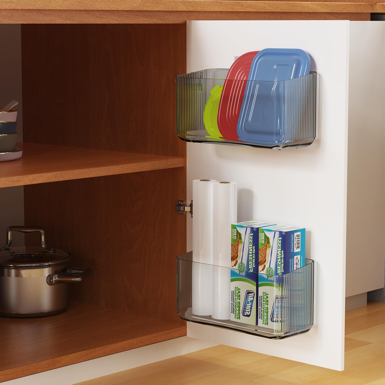 MaraFansie 2 Pack Plastic Lid Organizers - No Drill Cabinet Organizer for Kitchen Storage, Space Saving Tupperware & Food Container Lid Holders (Clear Gray) - Perfect for Pantry, Cabinet & Drawer Organization