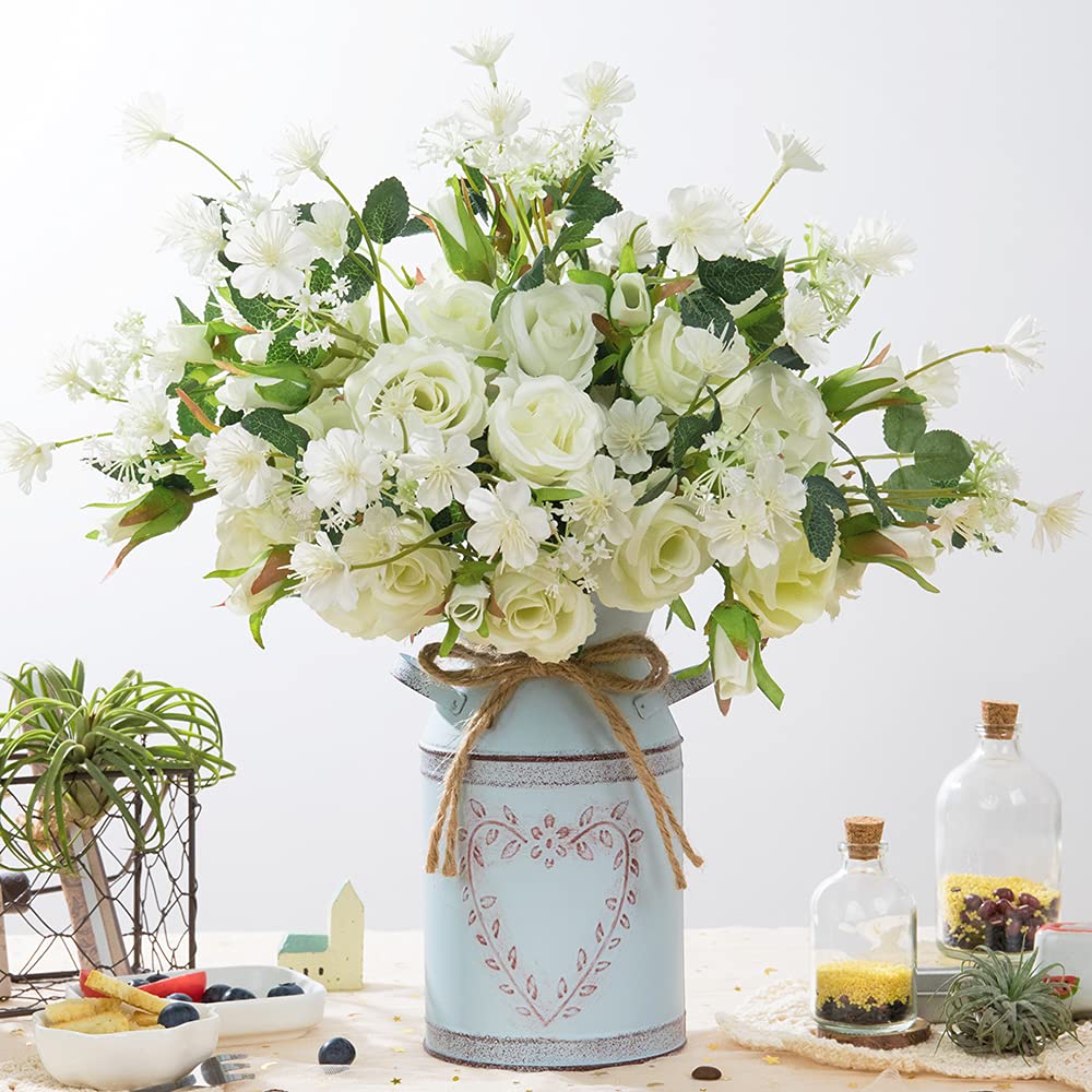 LESING Artificial Silk Rose Flowers in Vintage Vase - Fake Rose Bouquet with Rustic Farmhouse Metal Vase for Dining Table, Wedding, Home Decor (White) - Perfect for Centerpieces, Gift Giving & Farmhouse Style Decorations