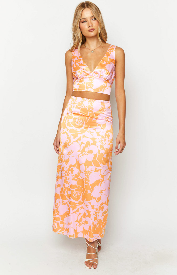 Dahlia Orange and Pink Floral Print Maxi Skirt for Women - Boho Summer Beach Dress with Pockets - Perfect for Vacations, Parties & Casual Outings