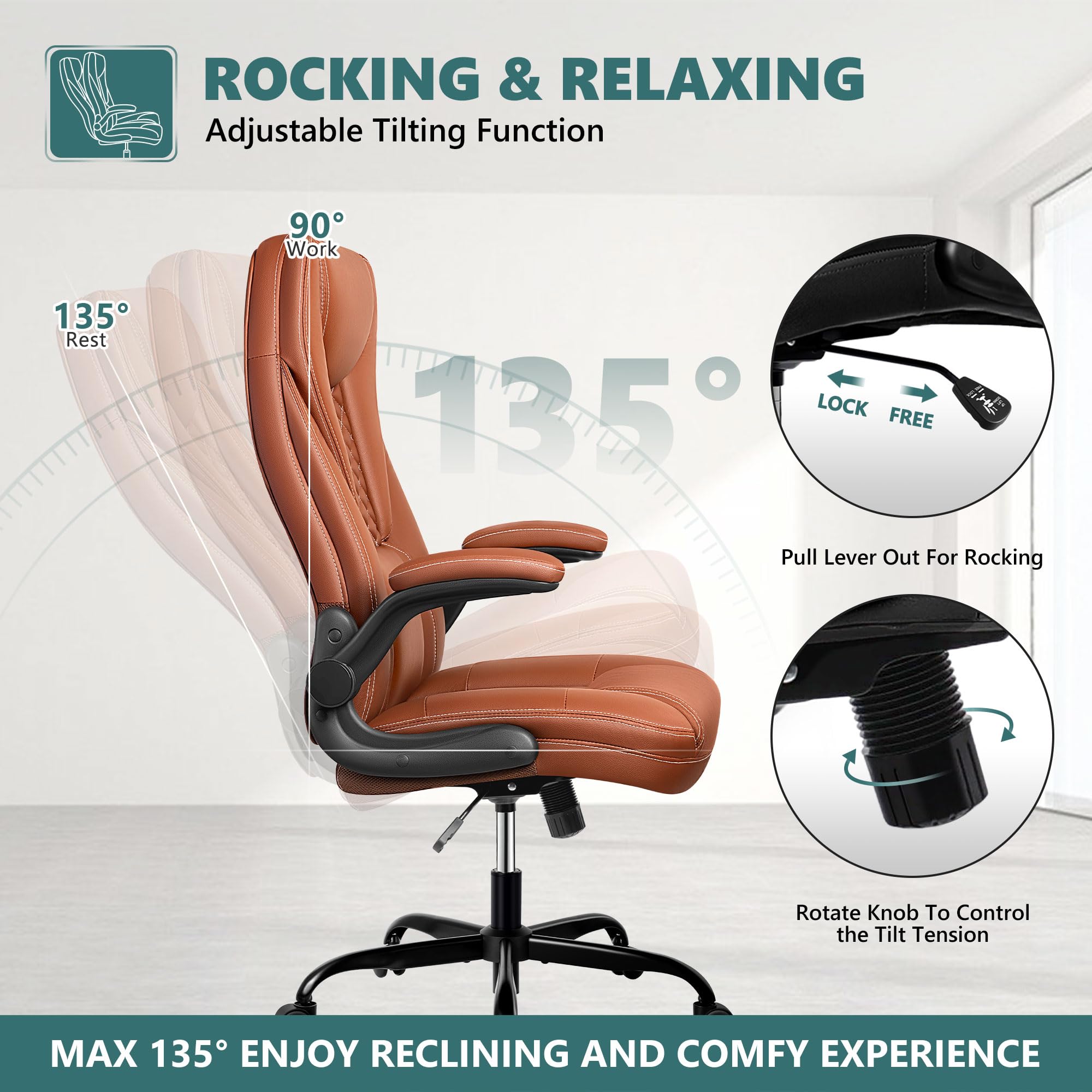 Premium Big and Tall Executive Office Chair - Ergonomic Leather High Back Chair with Lumbar Support & Adjustable Flip-Up Arms - Home Office Desk Computer Chair (Brown) - Perfect for Long Work Hours & Gaming Sessions