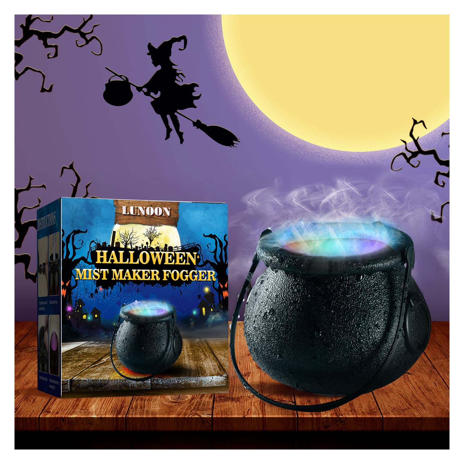 Halloween Witch Cauldron Fog Machine with Color Changing LED Lights - Water Fountain Mist Maker for Indoor Outdoor Decor - Plastic Cauldron Pot for Home, Porch, Halloween Party Decorations (Black) | Perfect for Spooky Halloween Decor, Haunted House Props & Themed Party Centerpieces