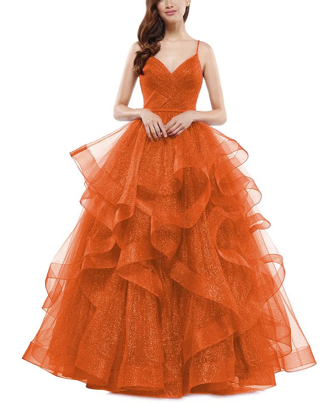 Sparkly Women's Glitter Ruffled Tulle Prom Dress 2024 - Elegant Long Spaghetti Strap Ball Gown for Homecoming, Evening Party & Special Occasions