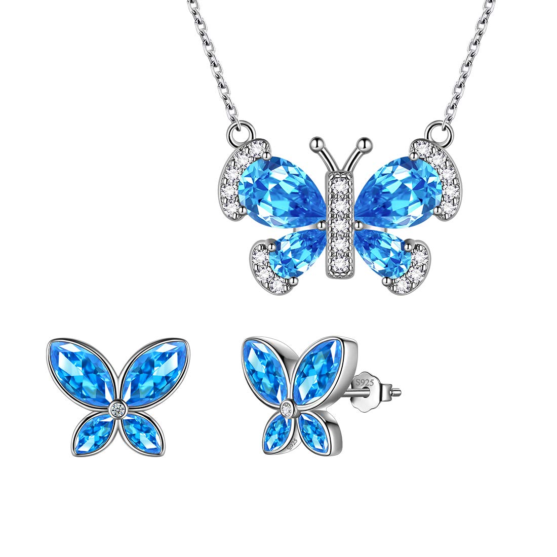 925 Sterling Silver Women's 12 Birthstone Butterfly Jewelry Set - Necklace, Earrings, Ring & Bracelet - Minimalist Animal Crystal Jewelry for Birthdays, Anniversaries & Gifts | Perfect for Everyday Wear & Special Occasions