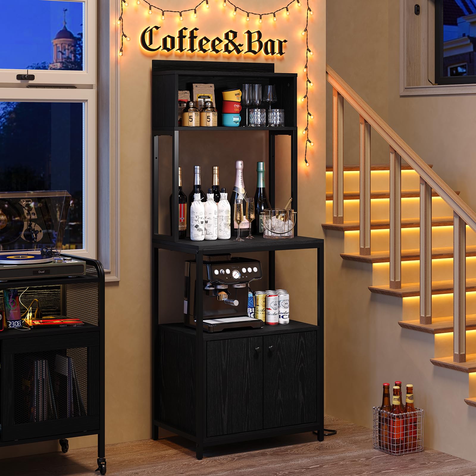 5-Tier Kitchen Bakers Rack with Power Outlet & Storage Cabinet - Industrial Microwave Stand, Coffee Cart, Black Metal Kitchen Storage Shelf for Small Spaces, Apartments & Home Organization