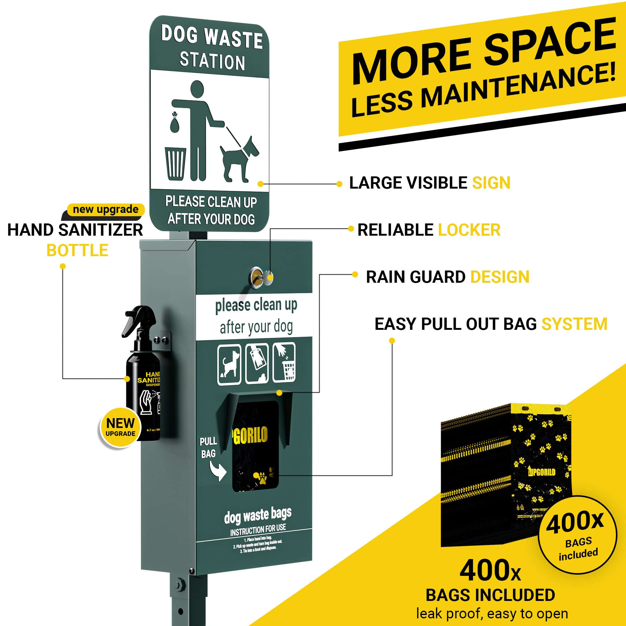 Dog Waste Station with Foot Pedal - 400 Poop Bags, 50 Trash Can Liners, Glow-in-the-Dark Sign & Hand Sanitizer - Outdoor Pet Waste Disposal System for Parks, Yards & Neighborhoods